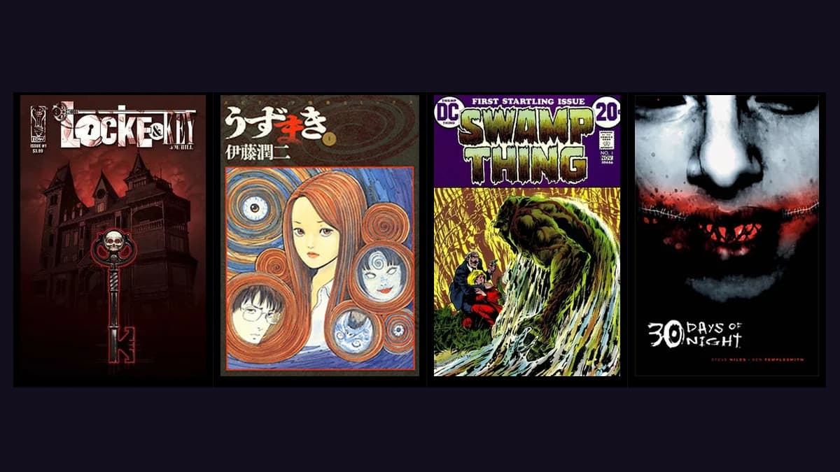 Colagem das capas dos 5 melhores graphic novels de terror: From Hell, Locke and Key, Uzumaki, Swamp Thing e 30 Days of Night