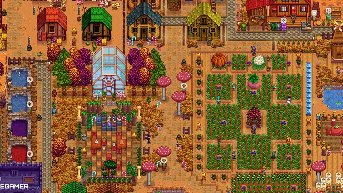 Cena de Stardew Valley com fazenda aconchegante na chuva, paisagem pixel art em tons de verde e roxo
