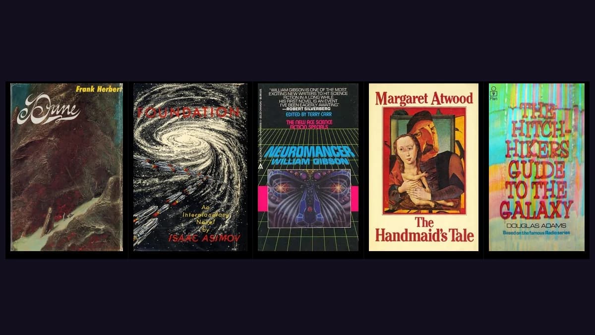 Colagem das capas dos 5 melhores livros de ficção científica: Duna, Fundação, Neuromancer, O Conto da Aia e O Guia do Mochileiro das Galáxias