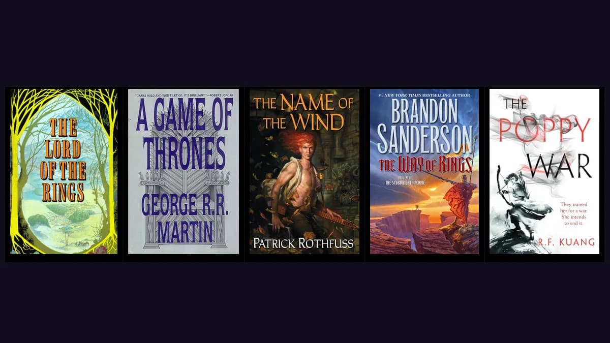 Colagem das capas dos 7 melhores livros de fantasia épica: O Senhor dos Anéis, As Crônicas de Gelo e Fogo, A Roda do Tempo, O Nome do Vento, A Primeira Lei, O Caminho dos Reis e A Guerra da Papoula