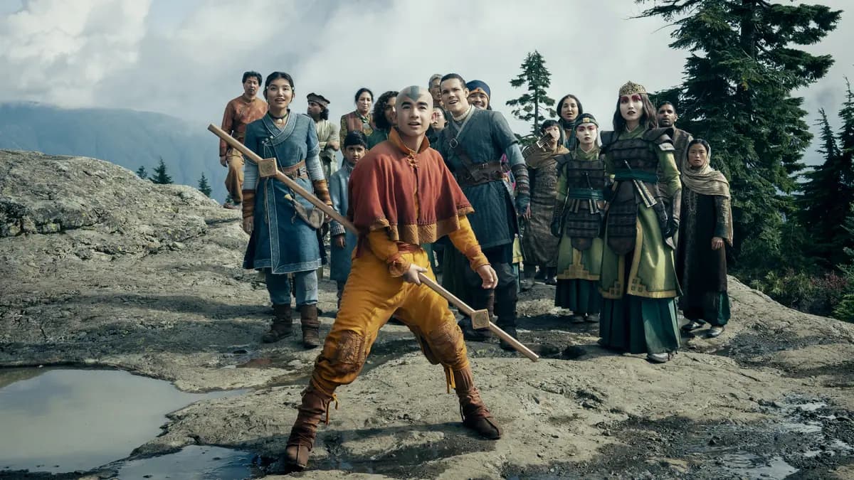 Poster oficial da segunda temporada de Avatar: O Último Mestre do Ar na Netflix — Aang e o grupo no Reino da Terra