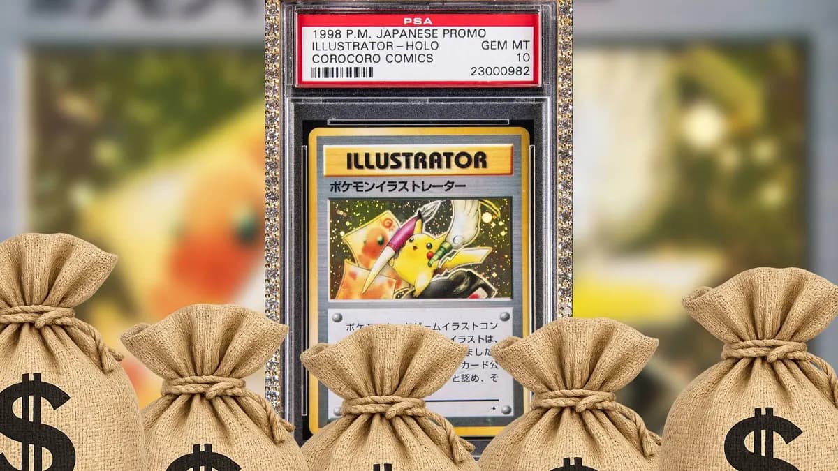 Carta Pikachu Illustrator, avaliada em PSA 10, exibida junto ao colar de diamantes que Logan Paul usou na WrestleMania 38 antes de leiloar as duas peças juntas