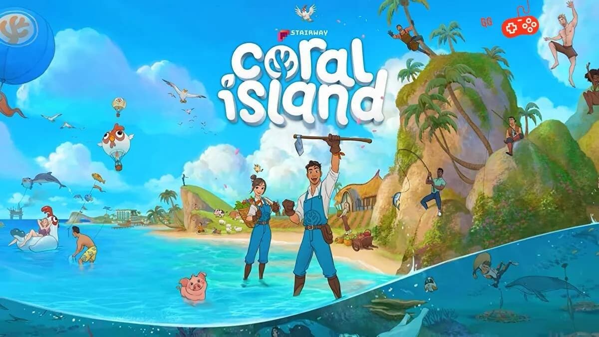 Tela do jogo Coral Island mostrando a fazenda tropical com personagem e animais — arte oficial da Stairway Games