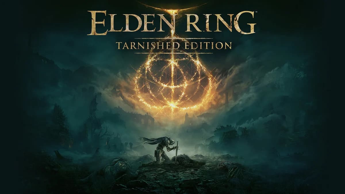 Cavaleiro Maculado montado no corcel espectral Torrent diante de uma paisagem aberta de Elden Ring, com árvore dourada ao fundo