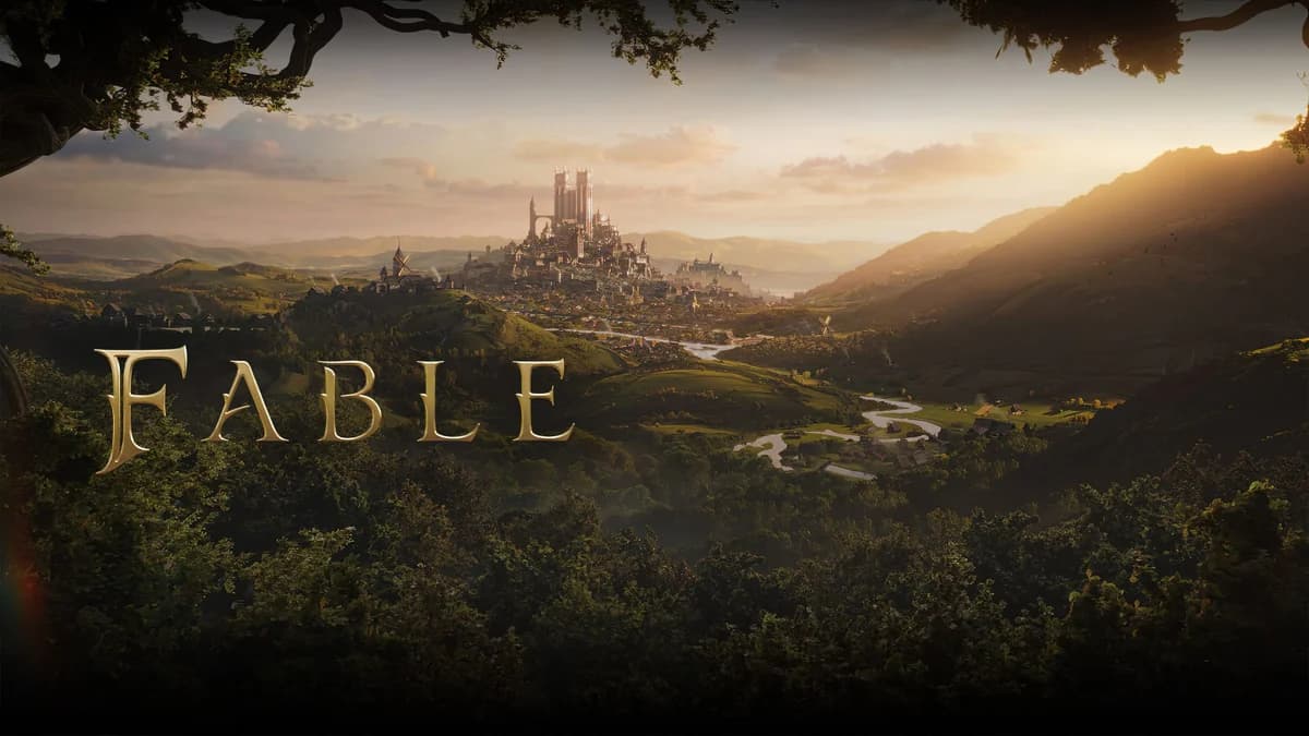 Cena de gameplay de Fable 2027: heroína em combate mágico em paisagem de Albion com criaturas fantásticas