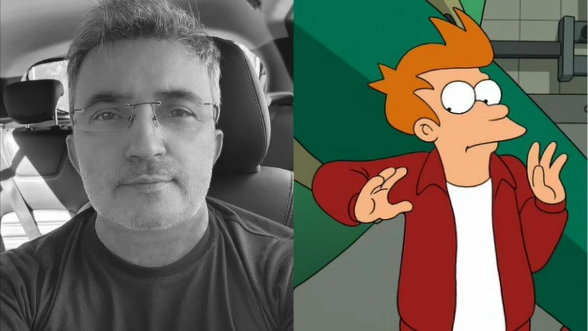 Montagem com foto de Figueira Junior ao lado das personagens Fry de Futurama e Andróide 17 de Dragon Ball, que ele dublou