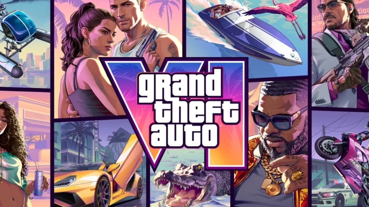 Arte de capa oficial de GTA 6 com Jason e Lucia ao centro, cercados por carros, motos, lanchas e a estética solar de Vice City