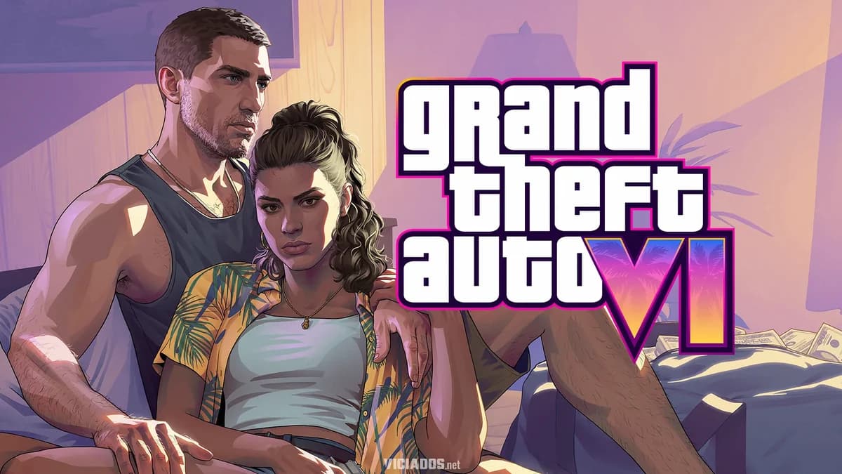 Arte oficial de GTA 6 com Lucia e Jason, protagonistas do jogo da Rockstar Games — fundo de Vice City ao entardecer