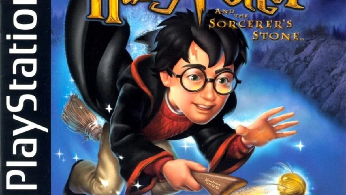 Harry Potter e a Pedra Filosofal no PlayStation 1 — tela de gameplay mostrando Harry em Hogwarts com gráficos poligonais da era PS1