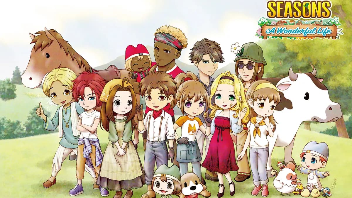 Arte promocional de Story of Seasons: A Wonderful Life, com o personagem no campo ao pôr do sol, vacas e montanhas ao fundo