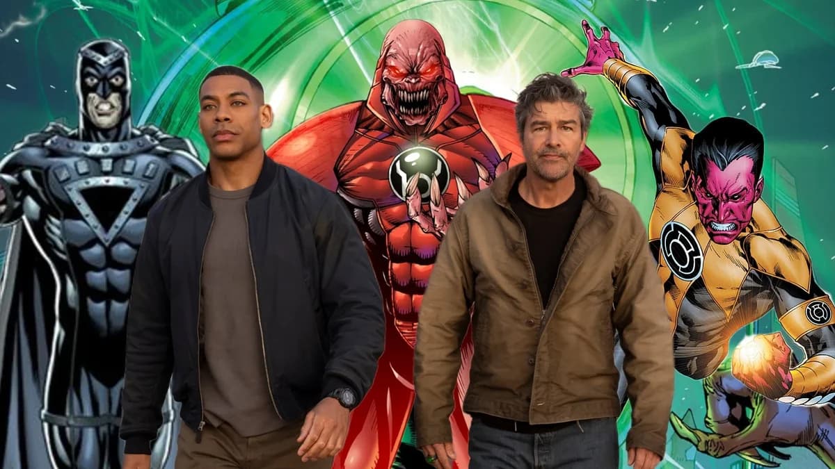 Arte oficial de Lanternas — Hal Jordan e John Stewart com anéis do Lanterna Verde brilhando, HBO Max