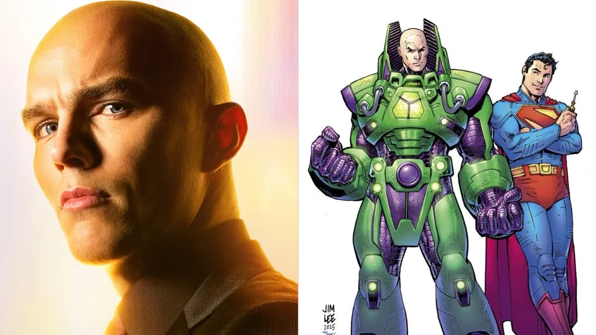 Nicholas Hoult como Lex Luthor usando a armadura verde e roxa Lexosuit no set de Superman: Man of Tomorrow em Atlanta