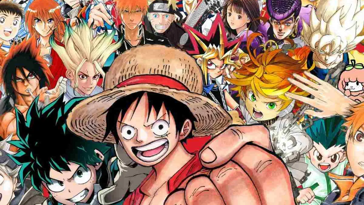 Montagem com personagens de animes da MAPPA — Denji de Chainsaw Man, Yuji Itadori de Jujutsu Kaisen e os Titãs de Attack on Titan
