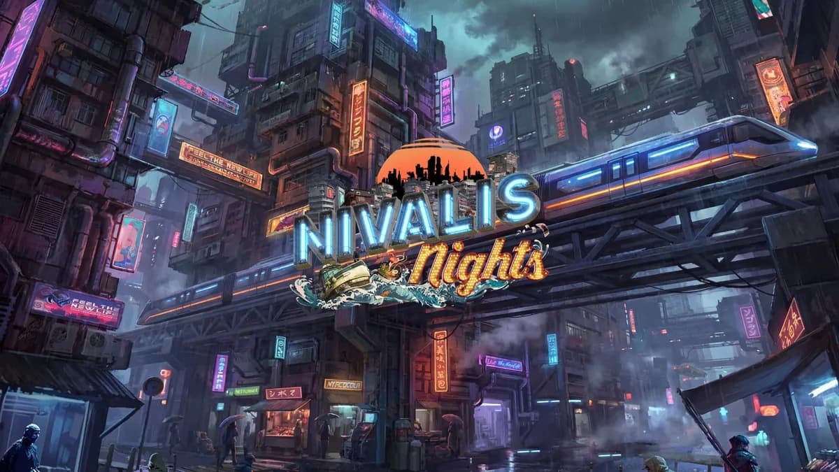 Cena noturna da cidade cyberpunk de Nivalis Nights, com letreiros de neon e prédios voxelizados