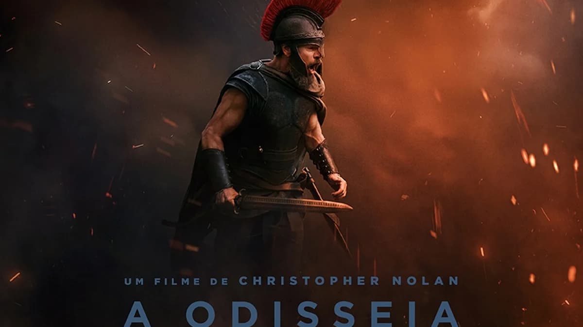 Pôster oficial do filme A Odisseia (2026), de Christopher Nolan, com a frase Defy the Gods