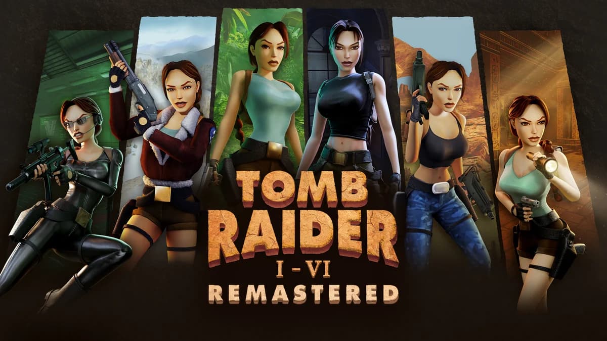 Arte key art de Tomb Raider I-III Remastered e IV-VI Remastered com Lara Croft em ambiente arqueológico
