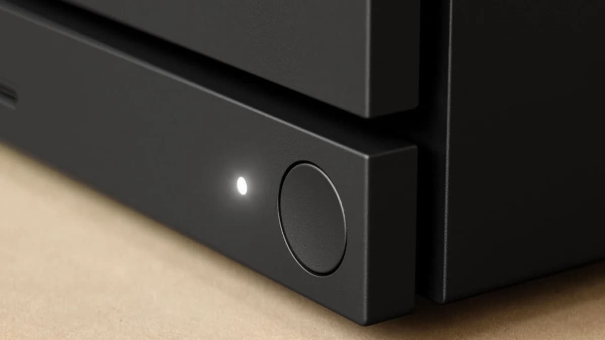 Steam Machine da Valve — cubo preto sobre superfície com iluminação de LED na frente, design compacto para sala de estar