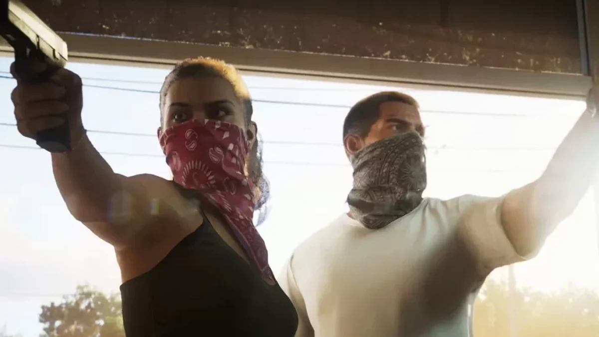 Detalhe da arte de GTA 6 destacando a estética de Vice City, com helicóptero sobre o horizonte pastel e supercarro amarelo