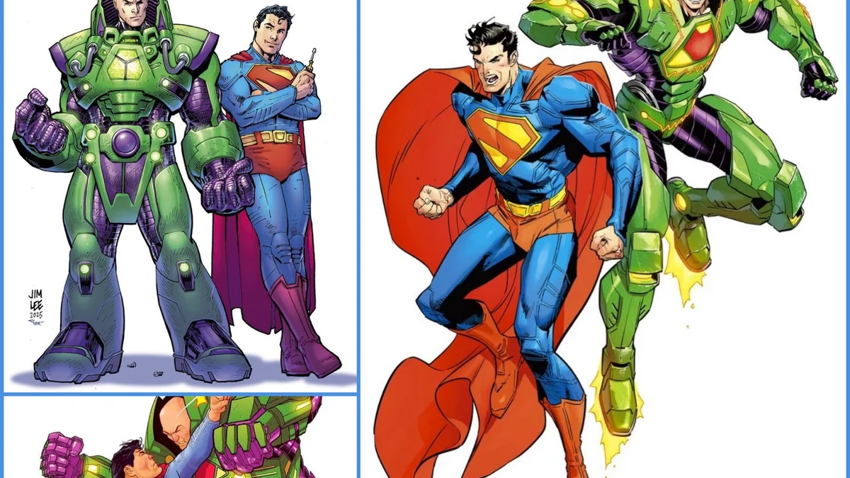 Comparação da Warsuit de Lex Luthor em Man of Tomorrow com o modelo clássico das HQs da DC Comics, mostrando as cores verde e roxa características