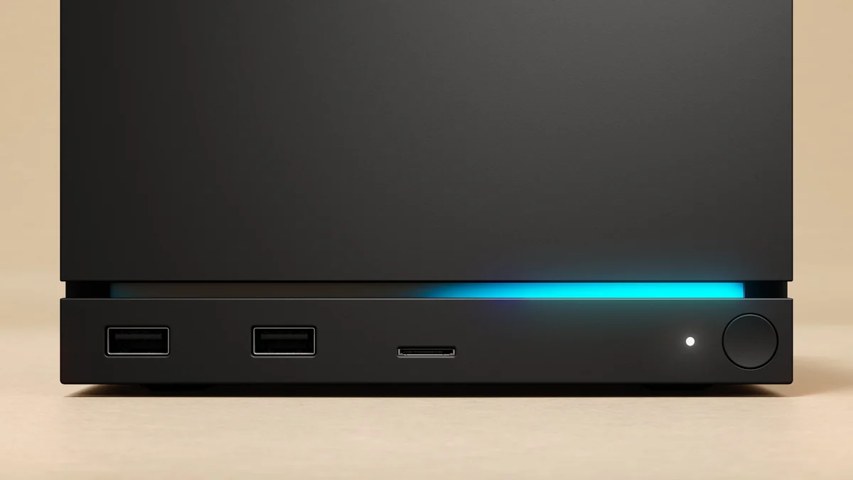 Steam Machine conectado a uma TV de sala, sobre rack de entretenimento, mostrando a proposta de console para gaming na televisão